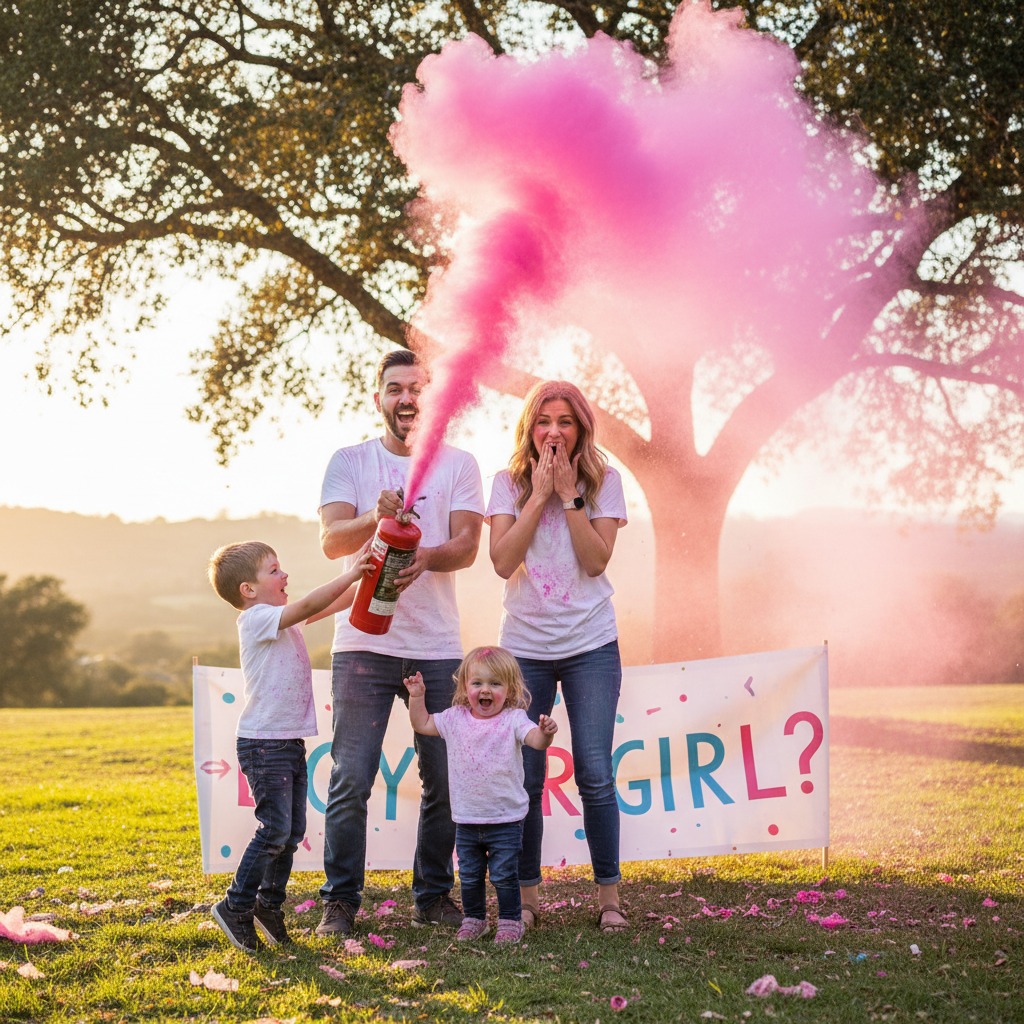 Una familia celebra una fiesta de revelación de género al aire libre mientras una nube de humo rosa sale de un extintor.